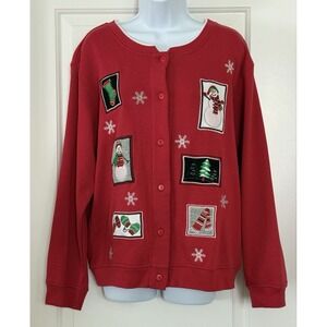 VTG Holiday Traditions Red‎ Grandma Cardigan XL w/Embroidered Christmas Patches